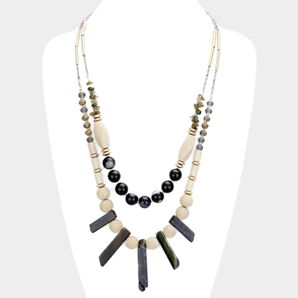 Layered Semi Precious Stone & Wood Statement Necklace